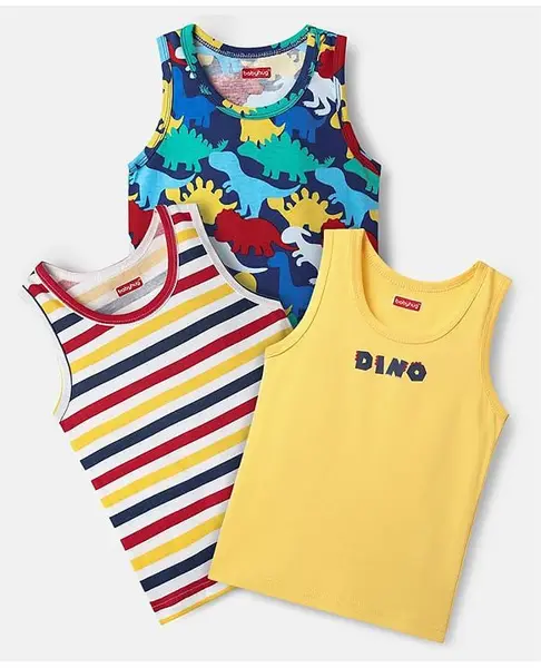 Babyhug 100% Cotton Knit Sandos With Stripes & Animal Print Pack of 3 - Navy Blue & Yellow
