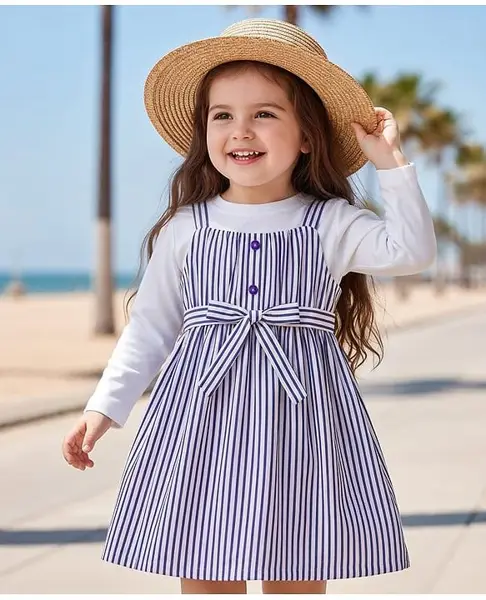 Babyhug Cotton Woven Striped Frock & Full Sleeves Inner Tee With Belt - Purple & White