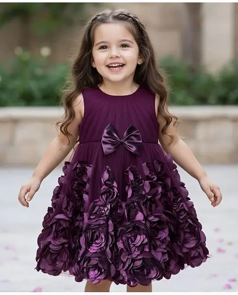 Babyhug Mesh 3D Flower Detailing Sleeveless Party Dress With Bow & 5 Layers With Cotton Lining - Purple