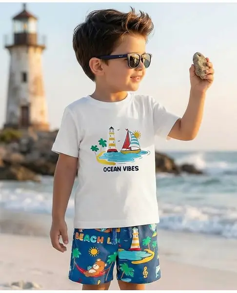 Babyhug Single Jersey Knit Half Sleeves T-Shirt & Shorts Set With Nautical Theme Print - White & Blue