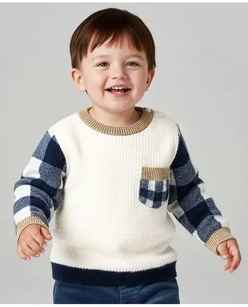 Babyoye Knit Full Sleeves Pullover Sweater with Checks & Patch Pocket - Multicolor