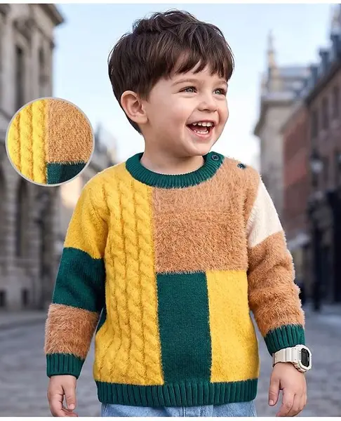 Babyoye Knit Full Sleeves Pullover Sweater with Color Block - Multicolor