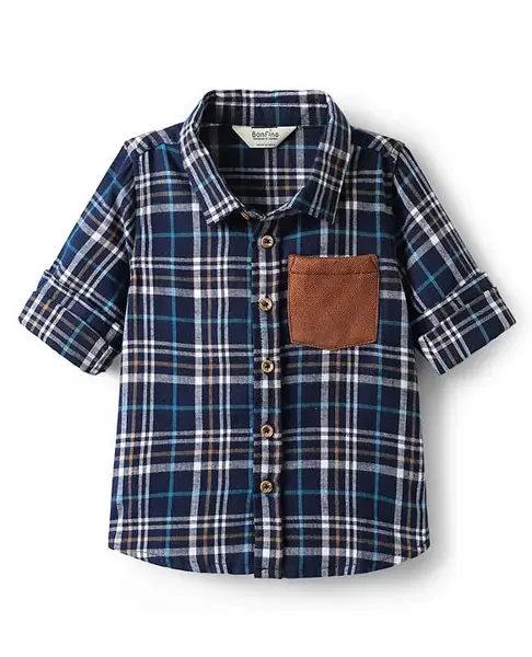 Bonfino Cotton Flannel Checkered Shirt with Contrast Pocket - Navy Blue