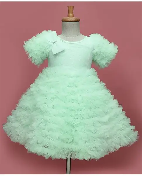 Bluebell Tissue Woven Half Sleeves Party Dress With Ruffle Detailing & Bow Applique - Sea Green