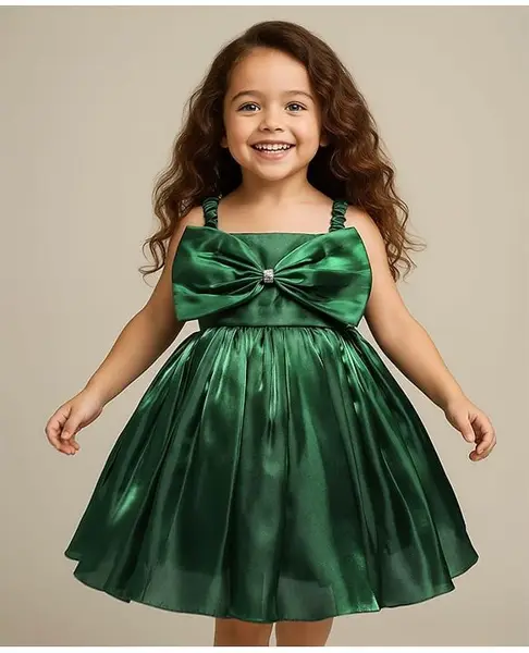 Babyhug Woven Sleeveless Fit & Flare Solid Party Dress with Bow Applique - Bottle Green