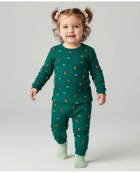 Babyoye Cotton Modal Super Soft Blend Full Sleeves Pull Over Thermal Inner Wear Set With Mushroom Print - Teal Blue