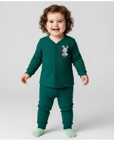 Babyoye Cotton Modal Super Soft Blend Full Sleeves Thermal Inner Wear Set With Animal Print - Teal Blue