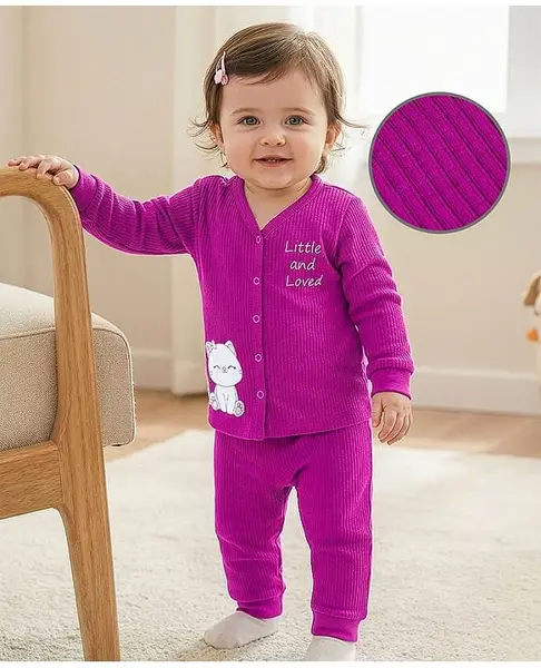 Babyoye Cotton Modal Super Soft Blend Solid Dyed Full Sleeves Front Open Thermal Inner Wear Set with Kitty Print - Purple
