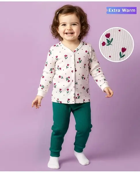 Babyoye Cotton Modal Super Soft Blend Full Sleeves Thermal Inner Wear Set with Floral Print - White & Teal Blue