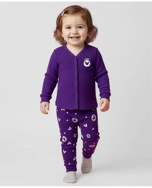 Babyoye Knit Full Sleeves Thermal Inner Wear Set With Heart Print - Purple
