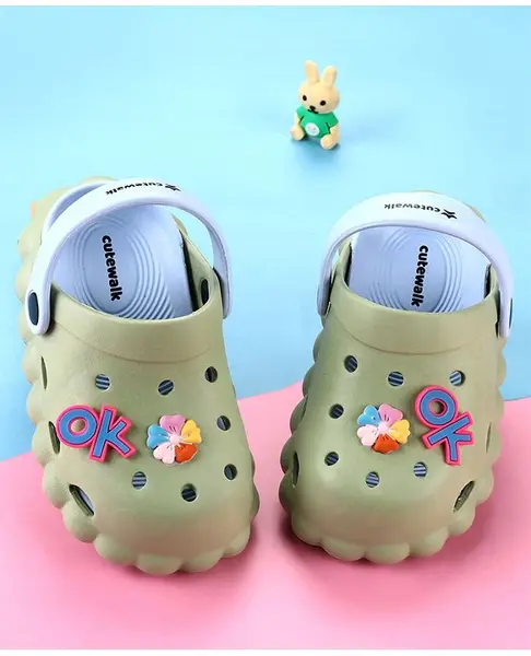 Cute Walk by Babyhug Back Strap Closure Clogs with Floral Applique - Green