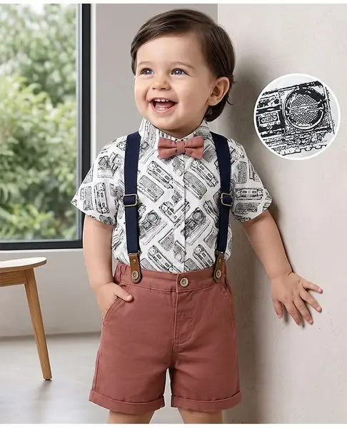 ToffyHouse Poplin Woven Half Sleeves Printed Shirt & Shorts Set with Suspender & Bow Applique - Brown
