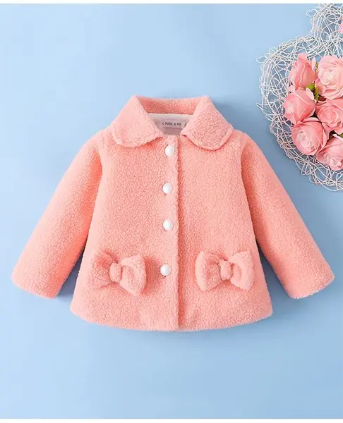Mark & Mia Full Sleeves Fur Winter Jacket With Bow Applique - Peach