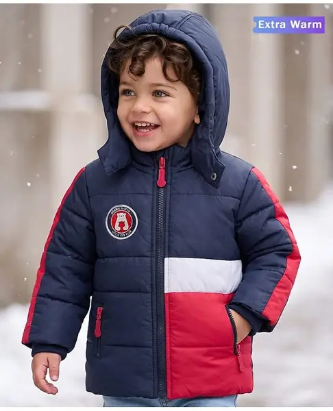 Babyoye Woven Full Sleeves Padded Hooded Jacket With Pockets - Navy Blue & Red