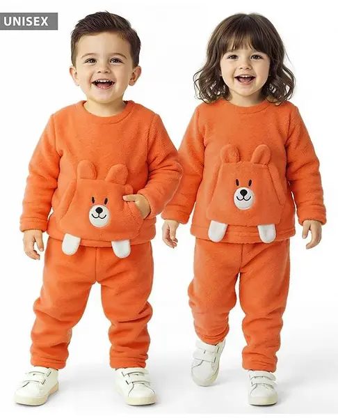 Babyhug Sherpa Fur Knit Full Sleeves Winter Wear Co-ord Set With Applique - Orange