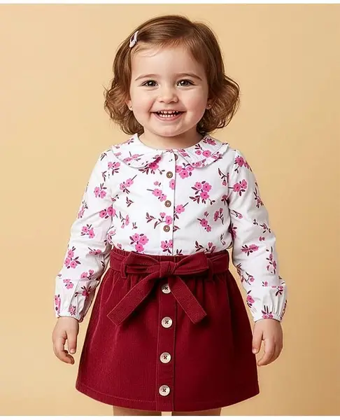 Babyoye Cotton Woven Full Sleeves Front Open Top & Skirt Set With Floral Print - White & Red