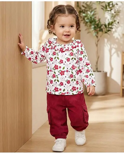 Babyoye Cotton Woven Full Sleeves Top & Trouser Set With Floral Print - White & Red