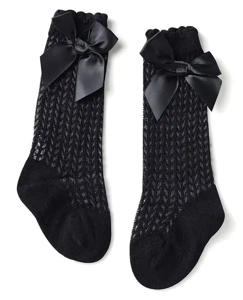 Cute Walk by Babyhug Knit Calf Length Party Socks with Bow Applique & Cable Knit Design - Black