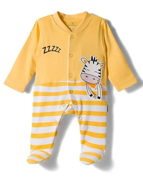 Child World Interlock Knit Full Sleeves Footed Sleep Suit with Giraffe Print - Yellow