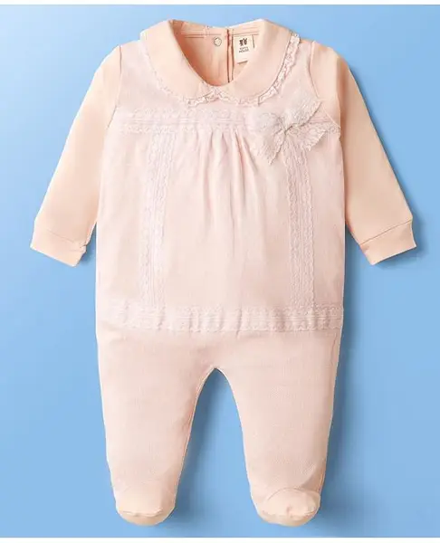 ToffyHouse Interlock Knit Full Sleeves Footed Sleepsuit With Peter Pan Collar & Lace Detailing -Peach