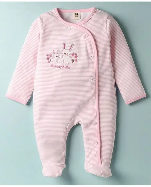 ToffyHouse Interlock Knit Full Sleeves Footed Sleep Suit with Bunny Embroidery - Light Pink