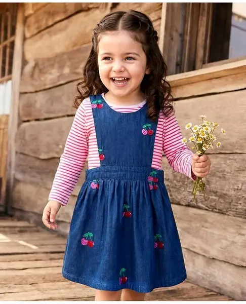 Babyhug Cotton Woven Frock with Full Sleeves Striped Tee & Cherry Embroidery - Navy Blue