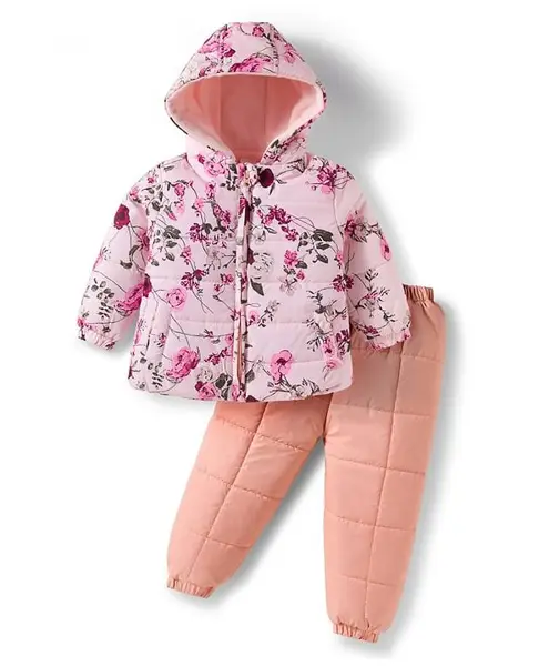 Babyhug Knit Full Sleeves Winter Wear Quilted Hooded Jacket & Pant Set With Floral Print - Pink