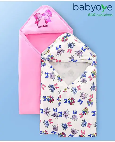 Babyoye 100% Cotton Knit Towels With Bow & Floral Print Pack Of 2 L 88 x B 85 cm - Pink & White