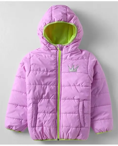 Babyhug Woven Full Sleeves Hooded Padded Jacket With Crown Patch - Purple