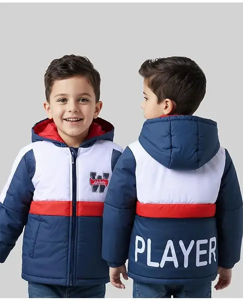 Babyhug Woven Full Sleeves Hooded Padded Jacket With Text Patch - White & Navy Blue