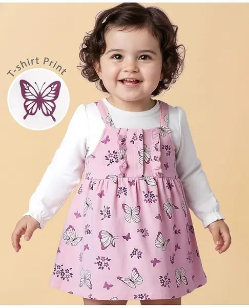 Babyoye Female 100% Cotton With Eco Jiva Finish Placement Print Full Sleeves Frocks with Inner Tee WHITE/PINK 12-18M