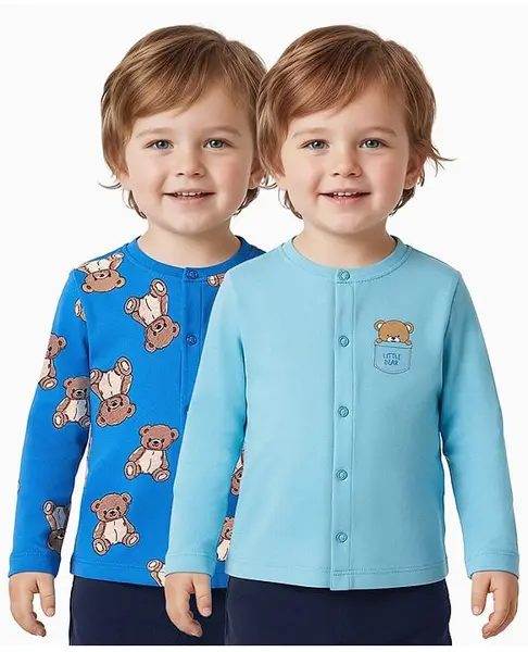 Babyoye 100% Cotton Knit Full Sleeves Jhablas With Teddy Print - Blue & Light Blue