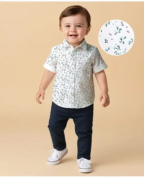 Babyoye 100% Cotton Woven Full Sleeves Party Shirt & Trouser With Floral Print & Bow - White & Navy Blue