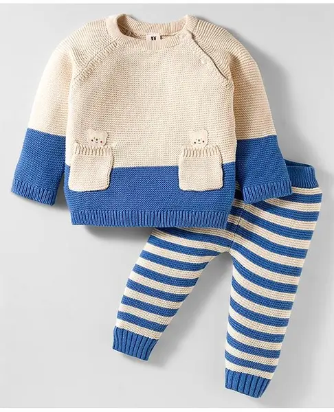 ToffyHouse Knitted Full Raglan Sleeves Winter Wear T-Shirt & Lounge Pant Set With Stripes & Animal Patch - Cream & Blue