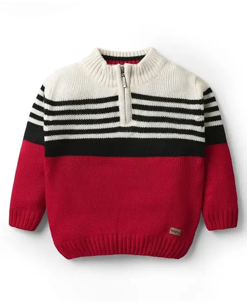 Babyhug Knitted Full Sleeves Pullovers with Color Block & Stripe Design - Red Black & White