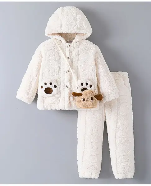 Mark & Mia Full Sleeves Winter Wear Hooded Night Suit With Paw Applique Detailing & Sling Bag - Cream