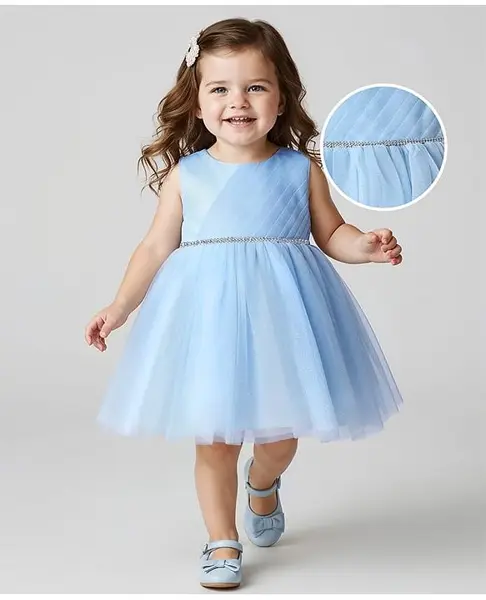 Babyhug 5 Layers With Cotton Lining Sleeveless Glitter Mesh Party Dress With Yoke Pleating - Light Blue