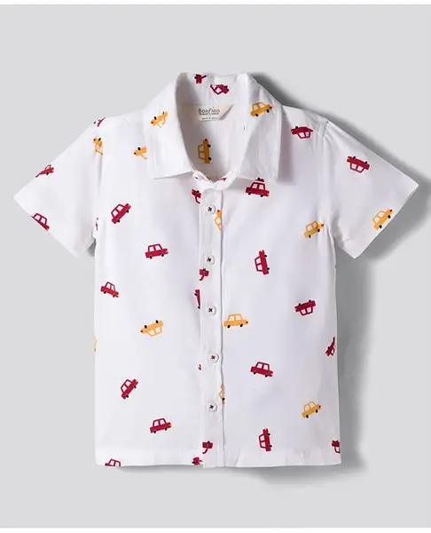 Bonfino 100% Rayon Woven Half Sleeve Car Print Shirt - Offwhite