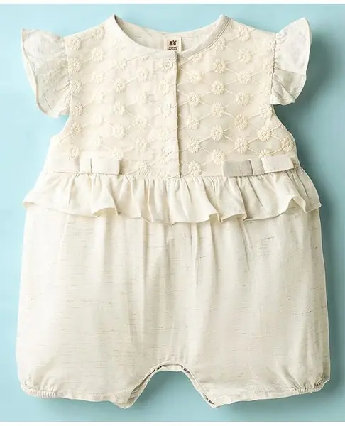 ToffyHouse Cotton Woven Frill Sleeves Romper With Frill Detailing & Floral Embroidery - Offwhite