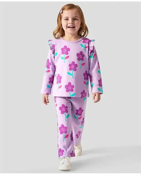 Bonfino 100% Cotton Knit Full Sleeves Oversized T-Shirt & Widelegged Leggings Co-Ord Set with Floral Print - Lilac