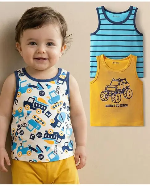 Babyoye 100% Cotton Sleeveless Stripes & Vehicle Printed Vests Pack Of 3 - Multi Colour