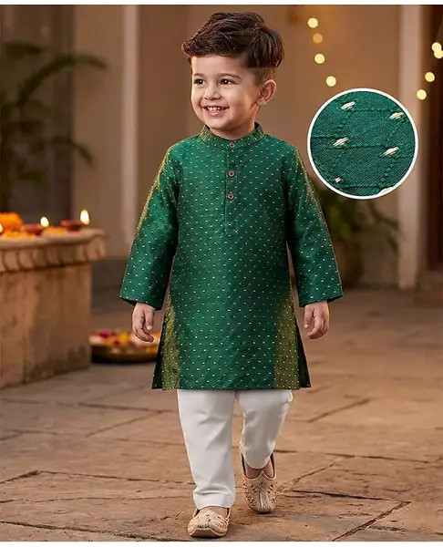 Babyhug 100% Cotton Woven Full Sleeves Foil Print Kurta & Pyjama Set - Dark Green