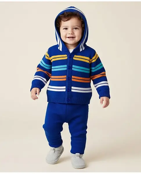 Babyhug Knitted Full Sleeves Striped Hooded Sweater Set - Royal Blue