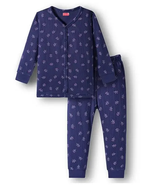Babyhug Knit Full Sleeves Winter Thermal Inner Wear With Floral Print - Navy Blue