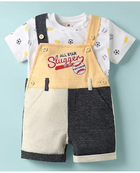 ToffyHouse Corduroy Woven Half Sleeves T-Shirt & Dungaree with Brand Logo Embroidery - White & Charcoal