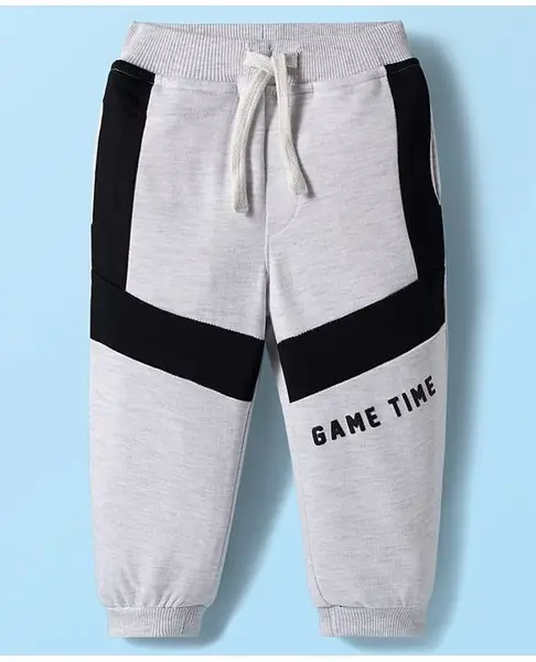 Babyhug French Terry Knit Full Length Lounge Pant with Game Time Text Print - Grey