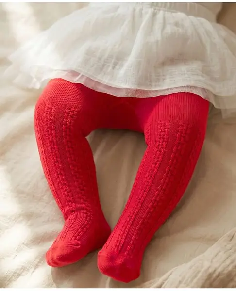 Cute Walk by Babyhug Cotton Knit Anti Bacterial Tights With Cable Knit Design - Red