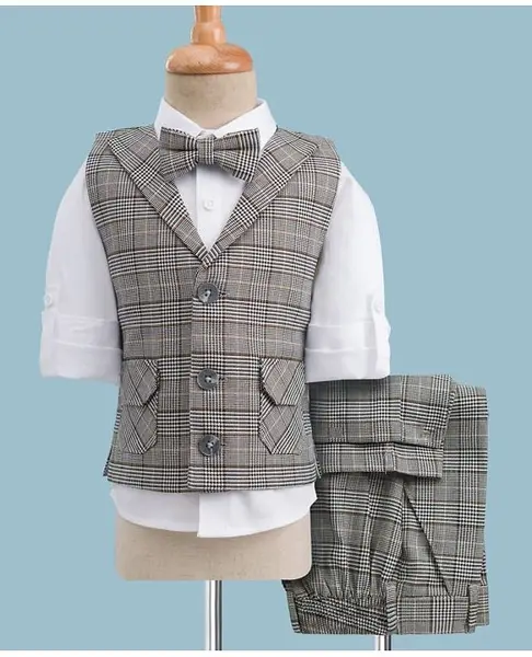 Robo Fry Cotton Woven Full Sleeves Checked Three Piece Party Suit with Bow - Grey
