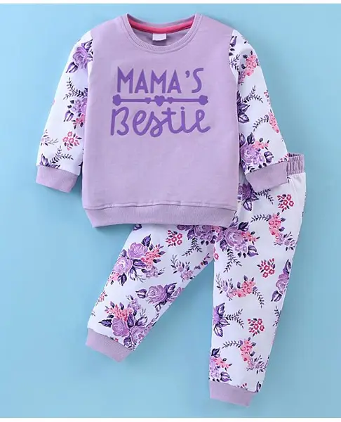 Mark & Mia Terry Knit Full Sleeves Sweatshirt & Lounge Pant with Text & Floral Print - Lilac & White