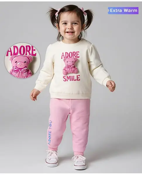 Babyoye 100% Cotton Knit Full Sleeves Winter Wear Suit Set with Teddy Print - Pink & White